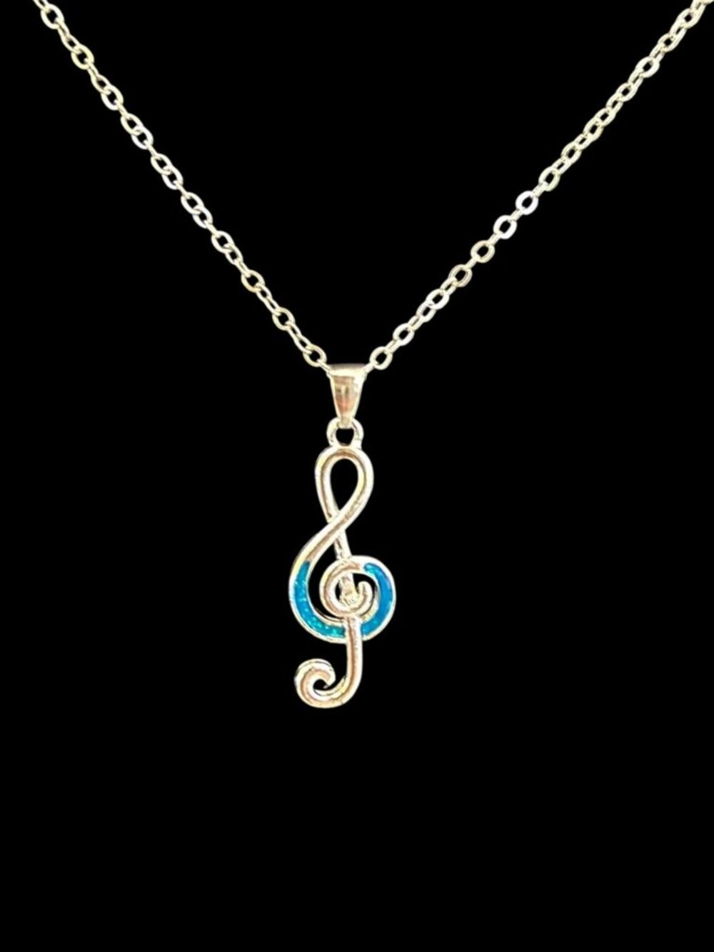 Blue Glass Treble Clef Necklace 16 Inch Silver Plated Music Pendant